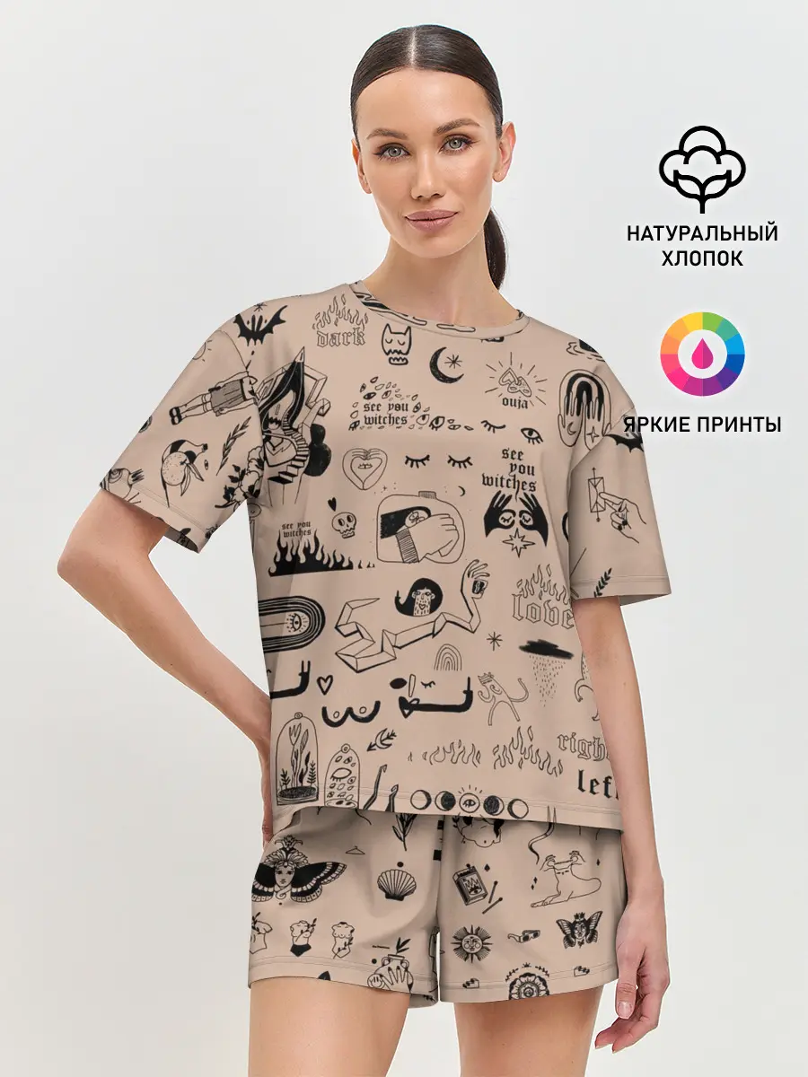 Женская пижама с шортами / принт в стиле тату
