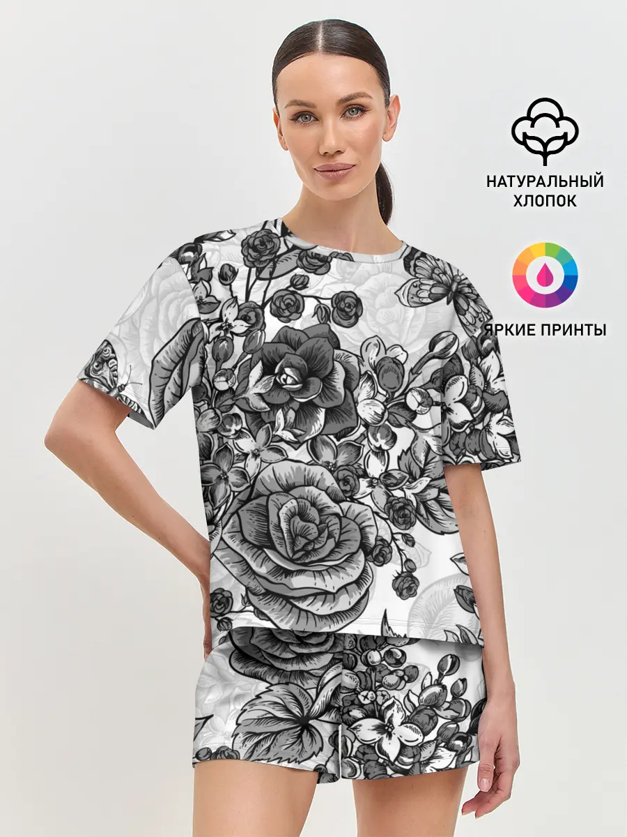 Женская пижама с шортами / РОЗЫ | ROSES | БАБОЧКИ