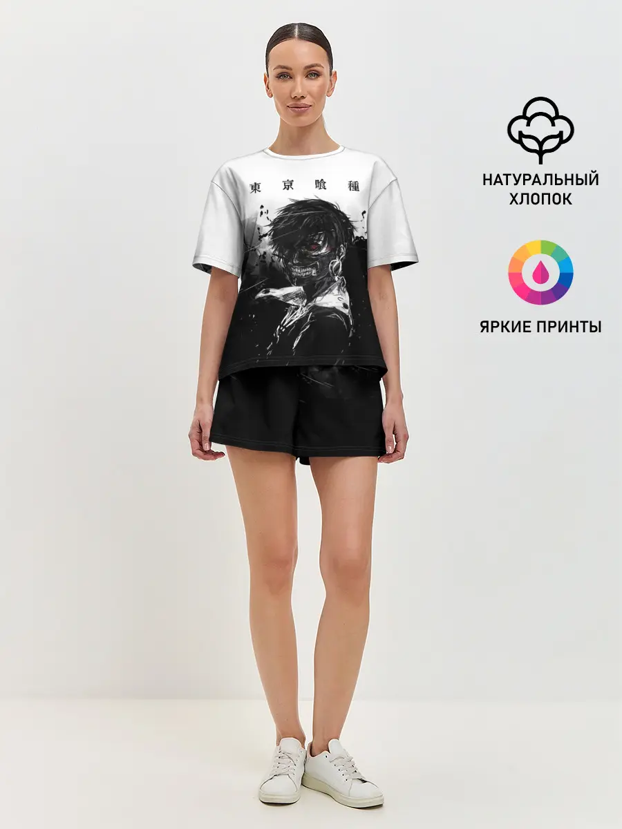 Женская пижама с шортами / Канеки Кен черно-белый