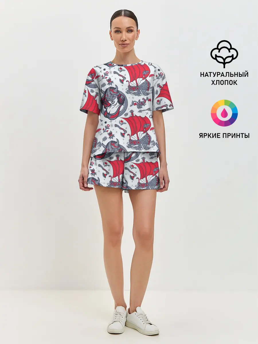Женская пижама с шортами / Корабли и девушка викинг