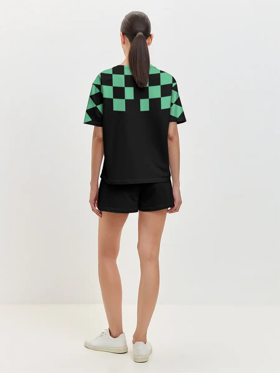 Женская пижама с шортами / Kamado Tanjiro зеленые квадраты