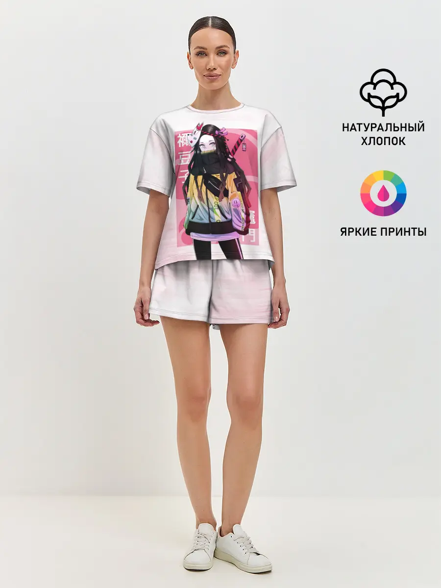 Женская пижама с шортами / Kimetsu no yaiba розовое