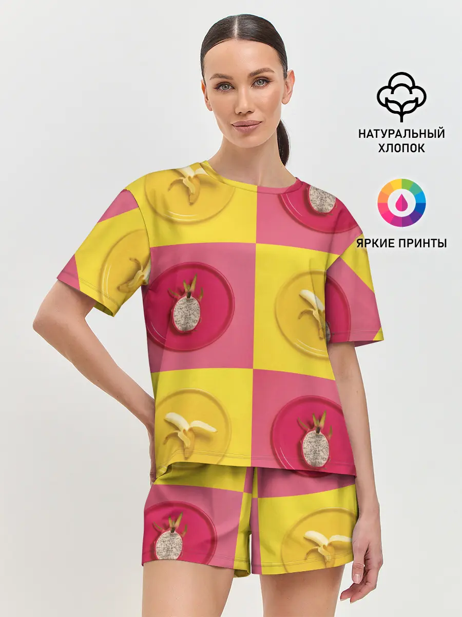 Женская пижама с шортами / фрукты шахматы