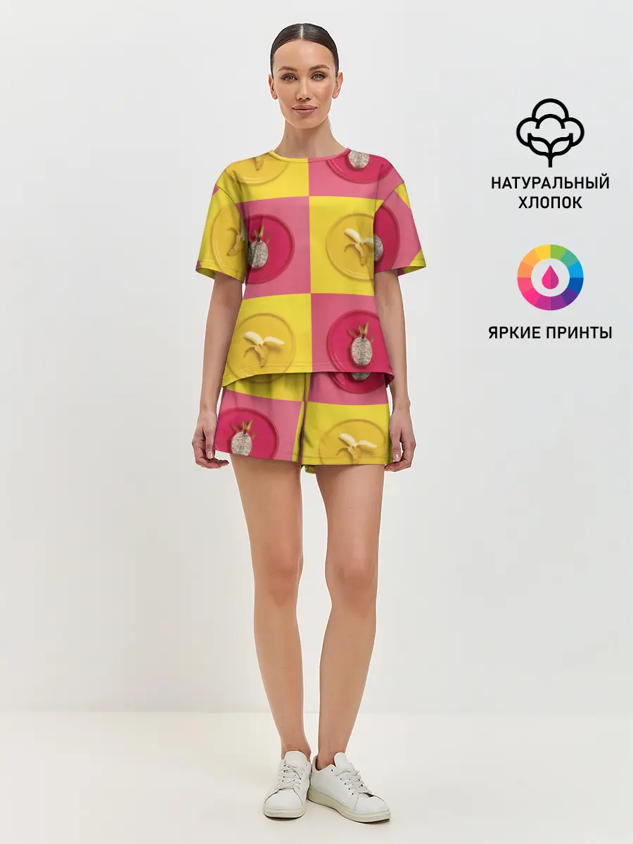 Женская пижама с шортами / фрукты шахматы