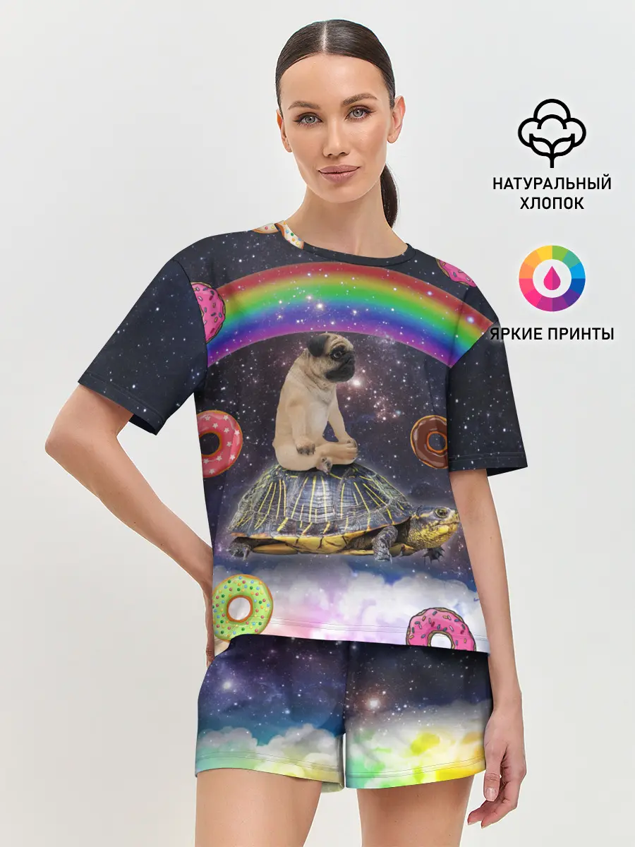 Женская пижама с шортами / Мопс на черепахе в космосе