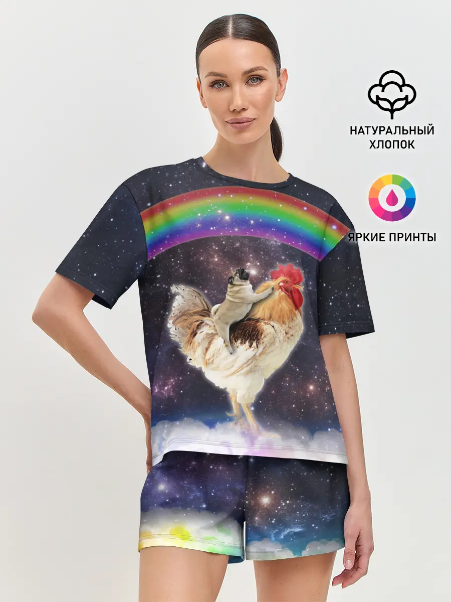 Женская пижама с шортами / Мопс на курице в космосе