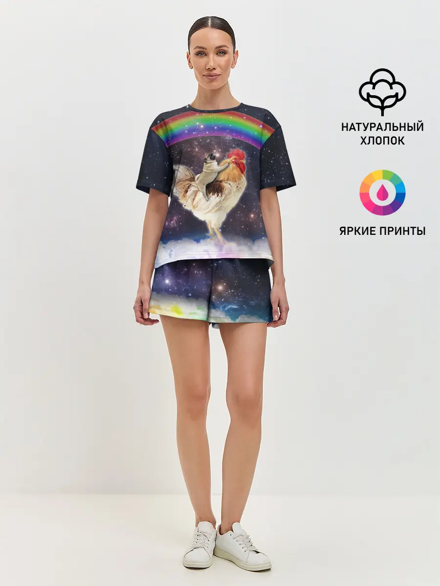 Женская пижама с шортами / Мопс на курице в космосе