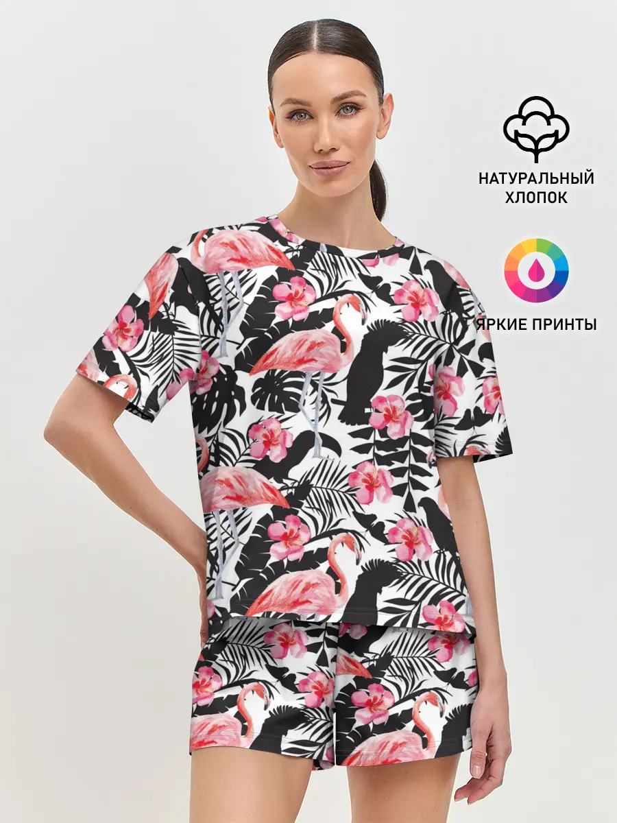 Женская пижама с шортами / фламинго и попугаи