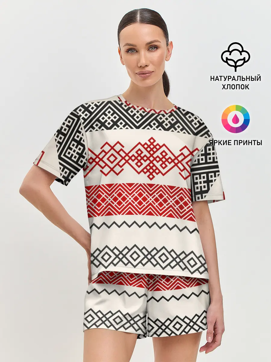 Женская пижама с шортами / Славянский узор красно-черный