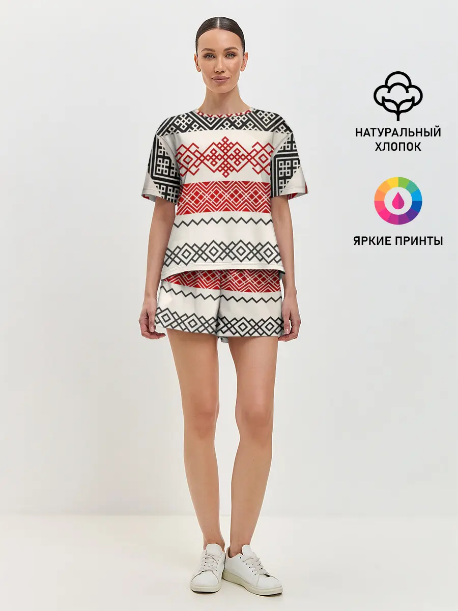 Женская пижама с шортами / Славянский узор красно-черный