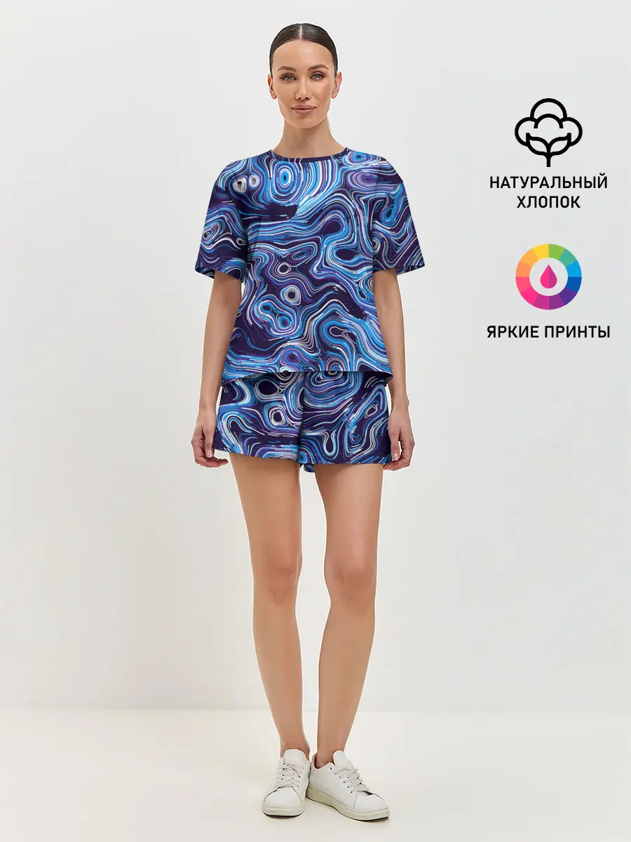 Женская пижама с шортами / Синие линии