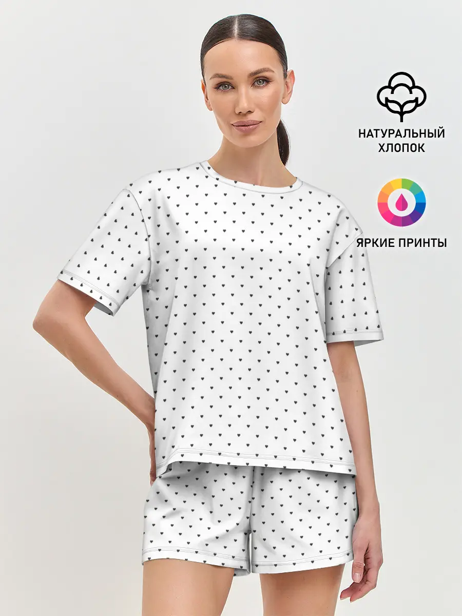 Женская пижама с шортами / Сердечки черные на белом
