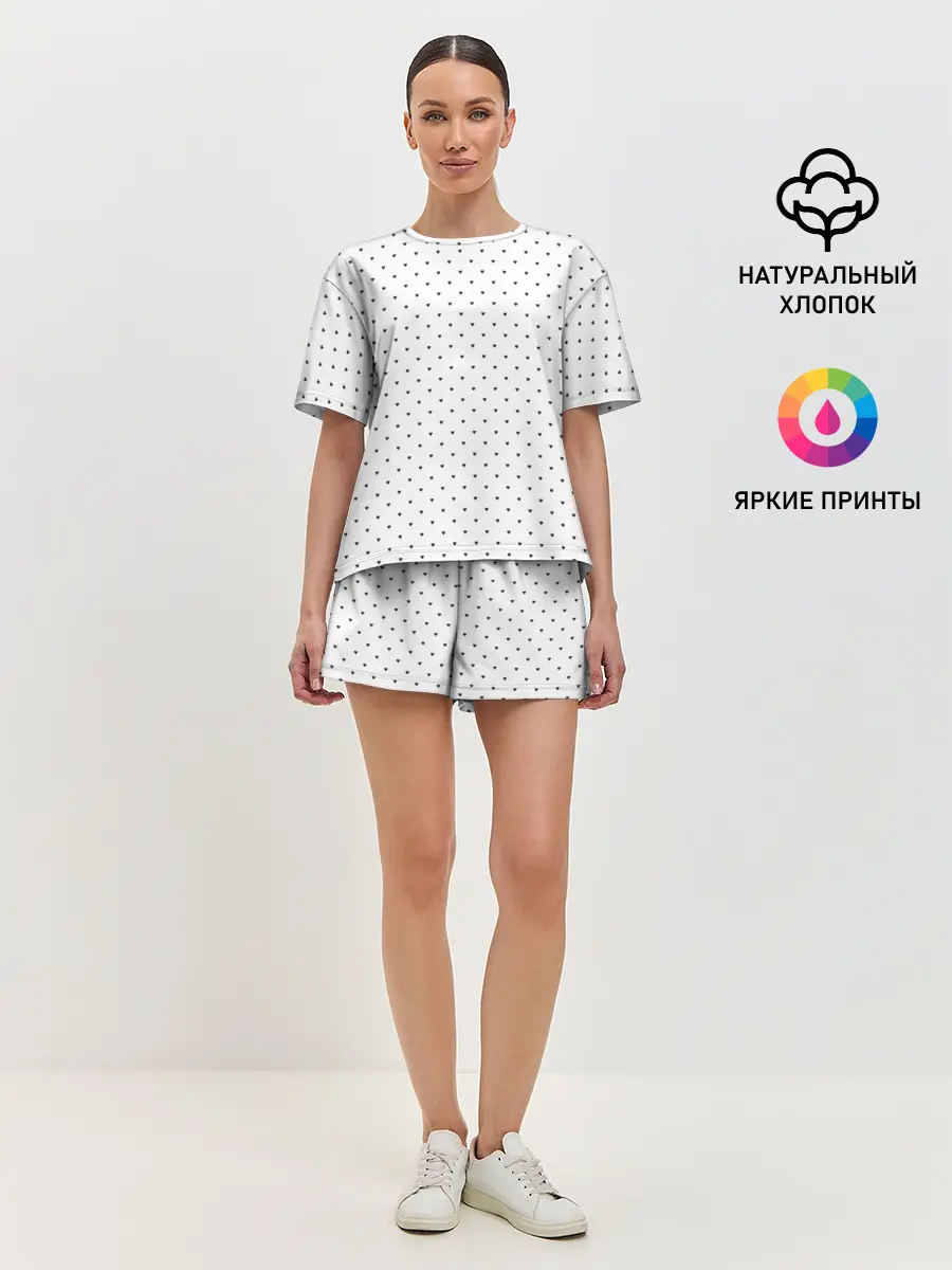 Женская пижама с шортами / Сердечки черные на белом