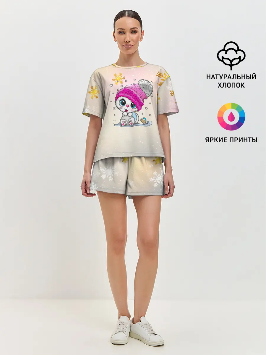 Женская пижама с шортами / Новогодний кот