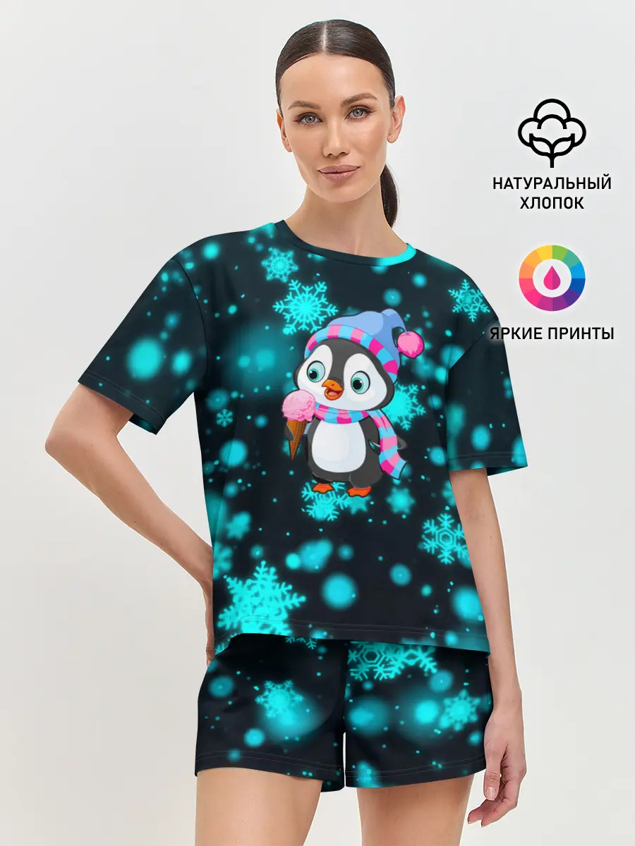 Женская пижама с шортами / Новогодний пингвин