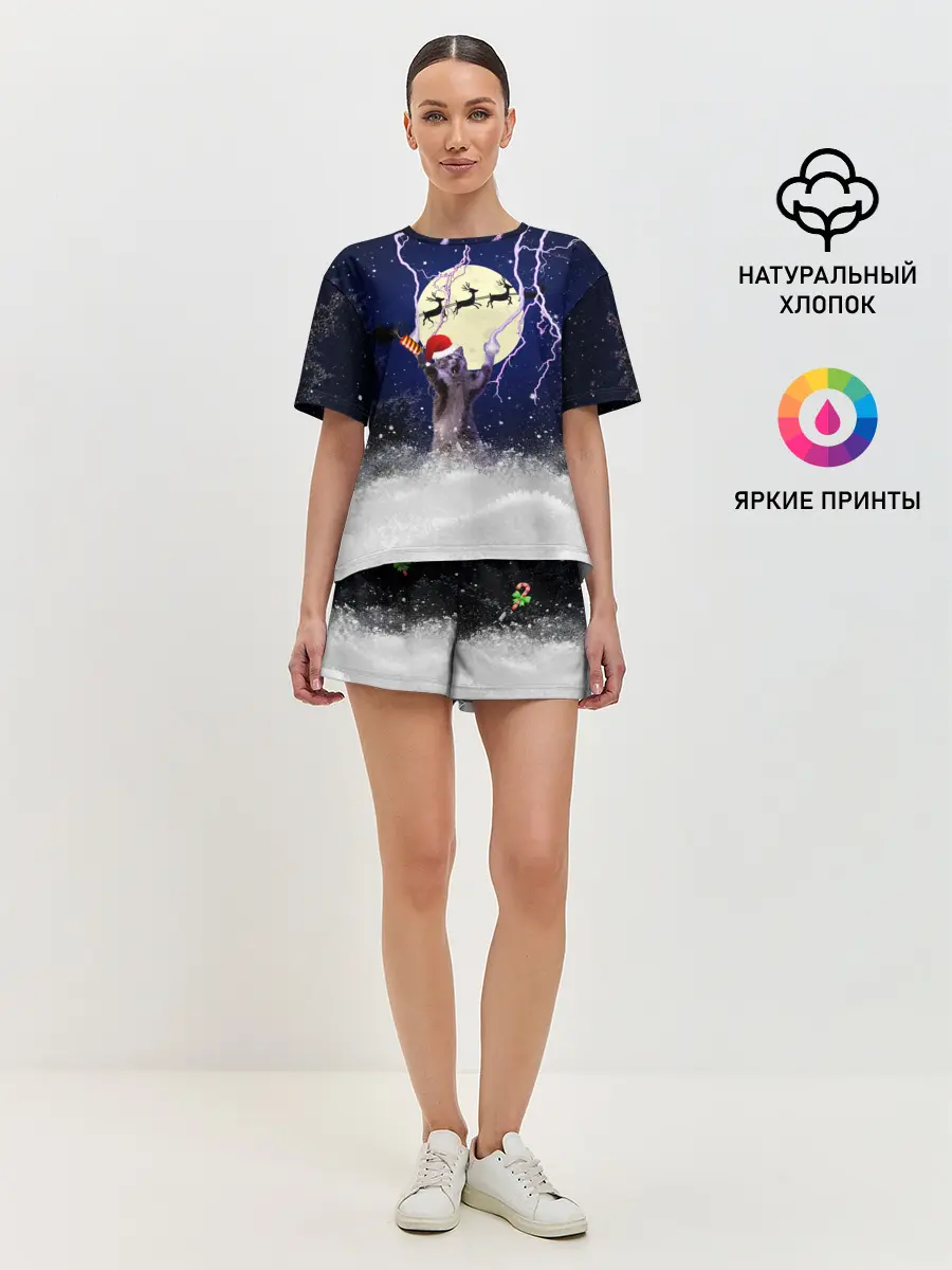 Женская пижама с шортами / Новогодний Кот