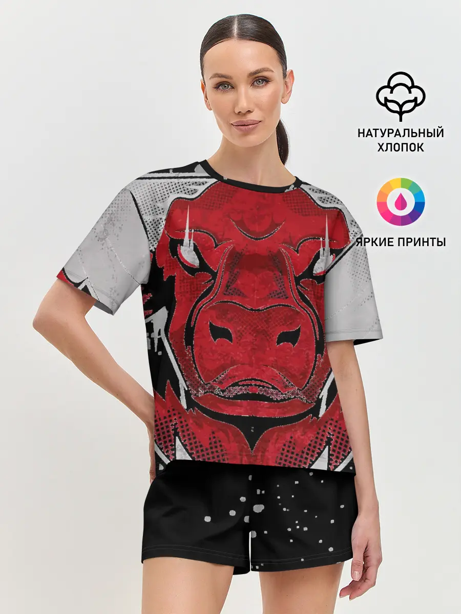 Женская пижама с шортами / Красный бык