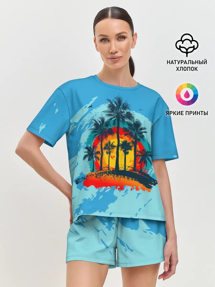 Женская пижама с шортами / Море. Пальмы. Песок