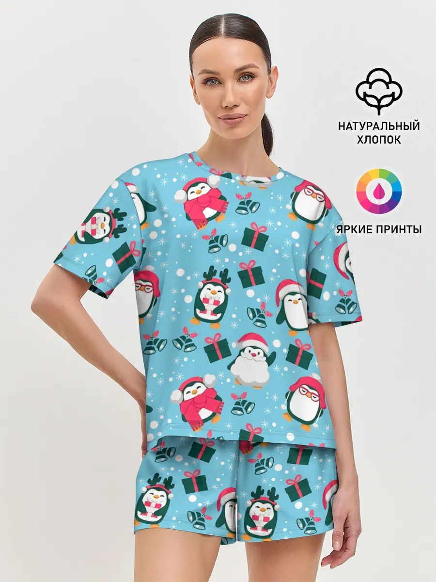 Женская пижама с шортами / Новогодние Пингвины