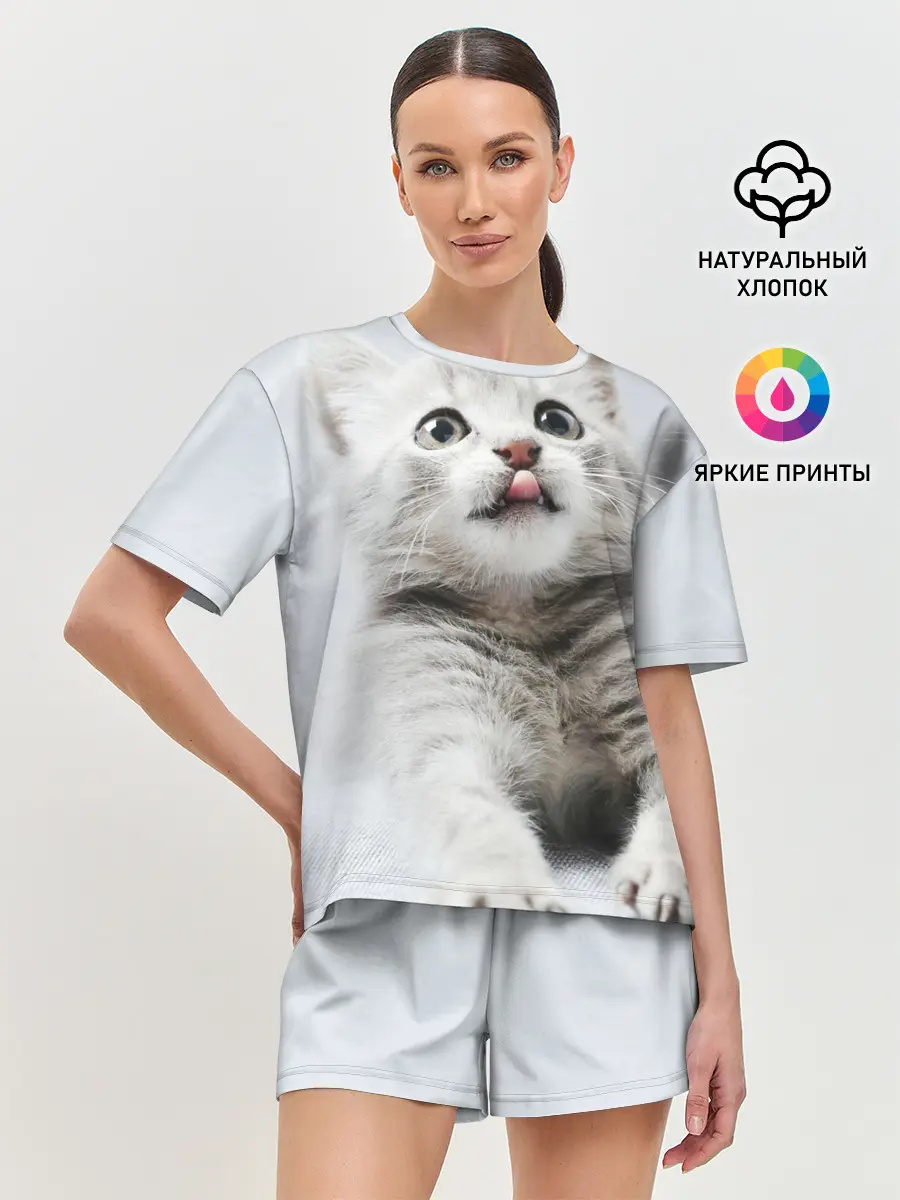 Женская пижама с шортами / серый котенок