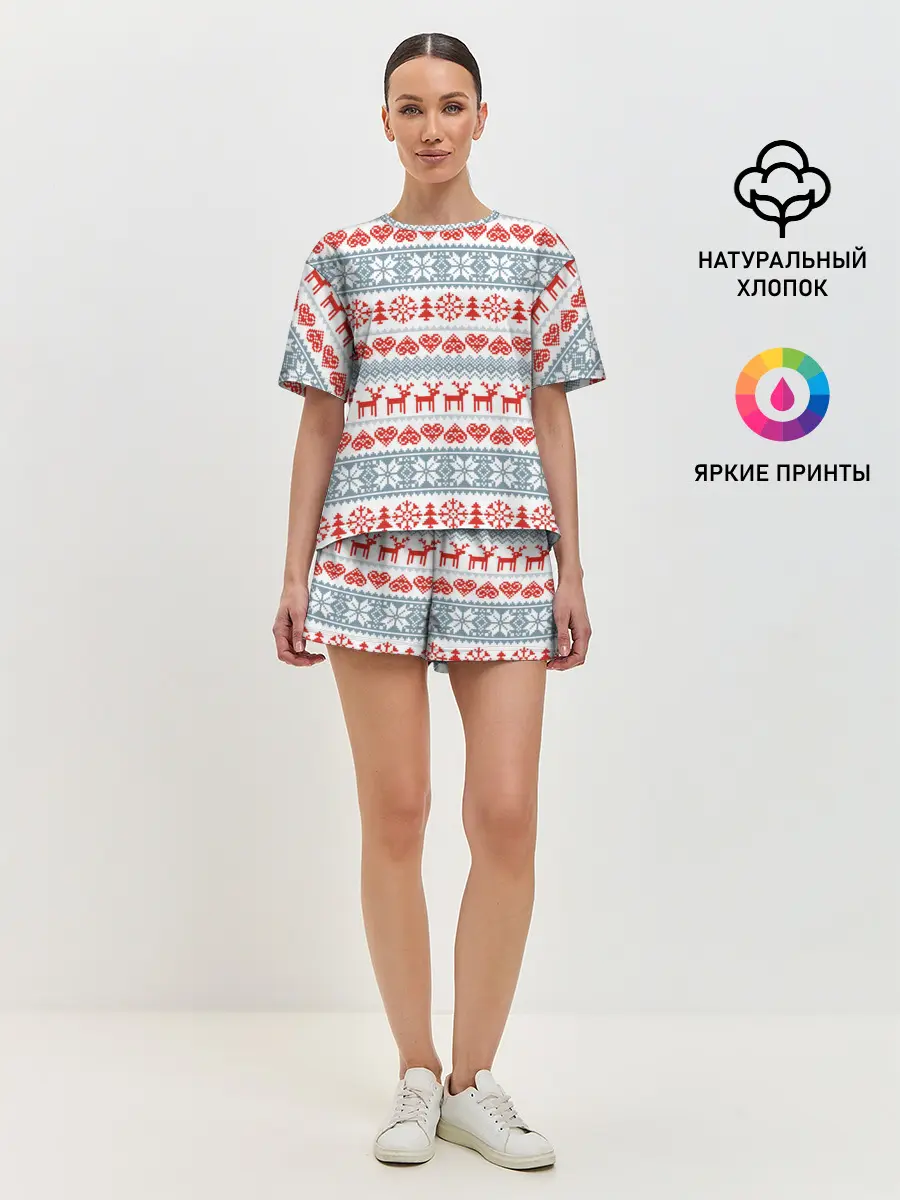 Женская пижама с шортами / Новогодний пиксельный узор