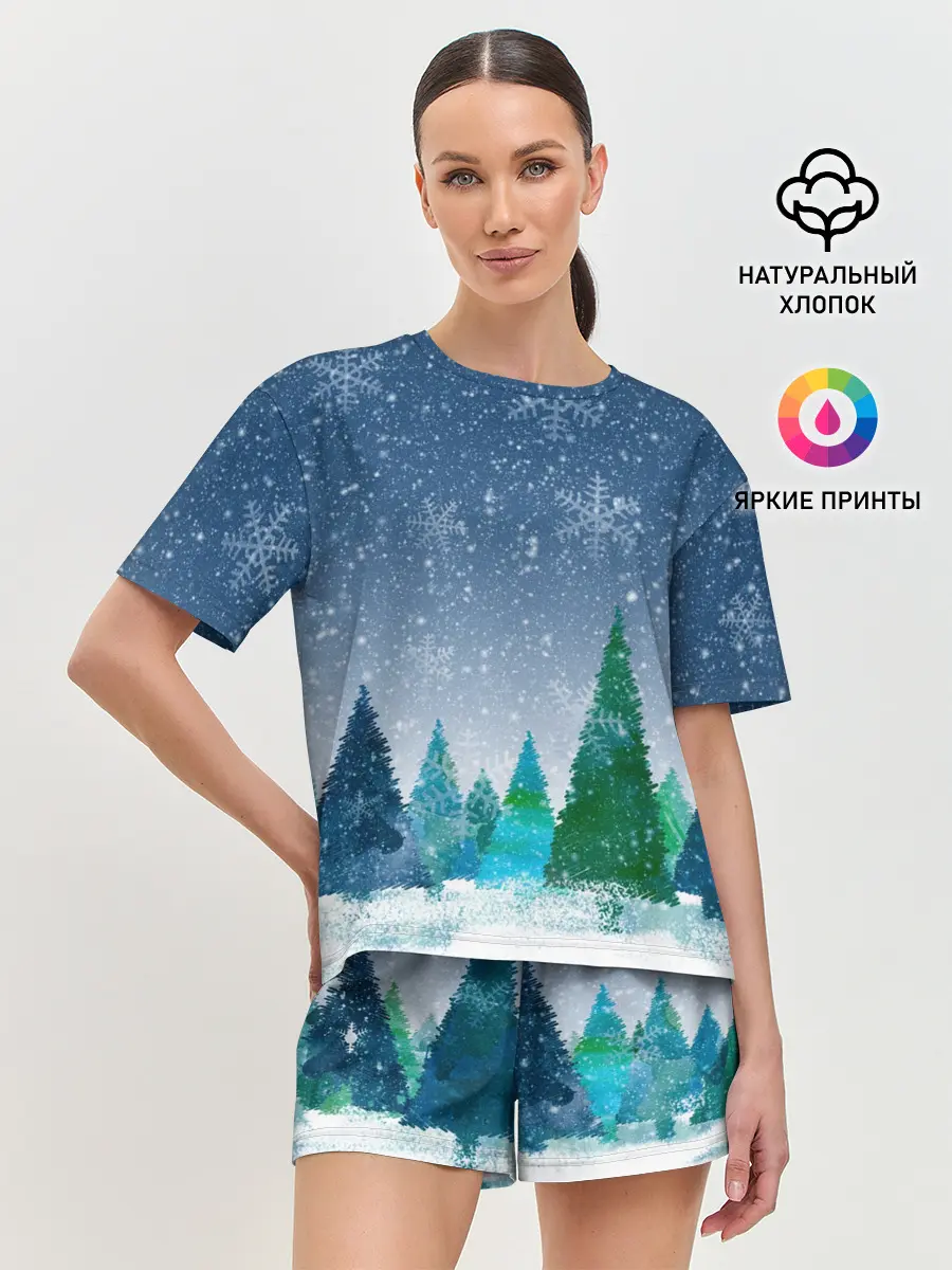Женская пижама с шортами / Снежинки в лесу