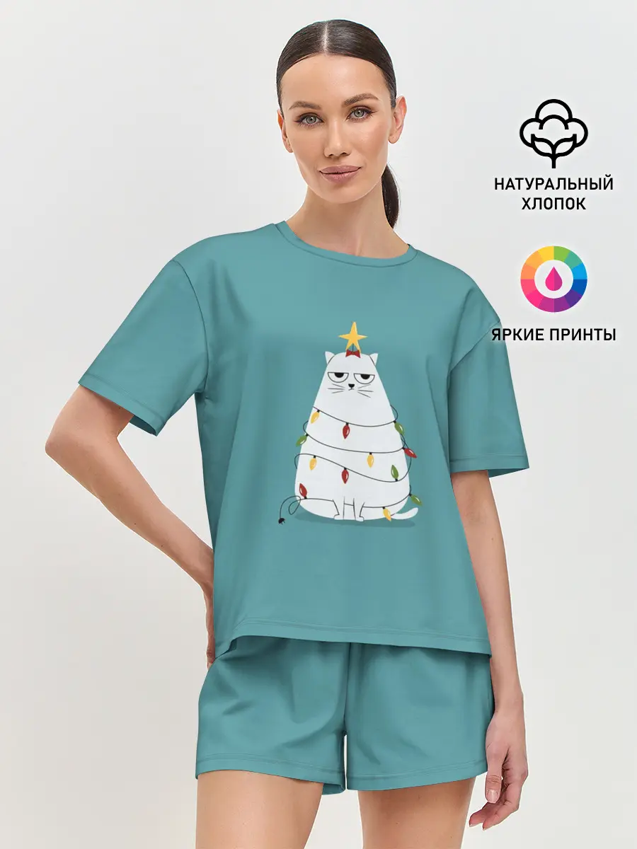 Женская пижама с шортами / Кото-ёлка