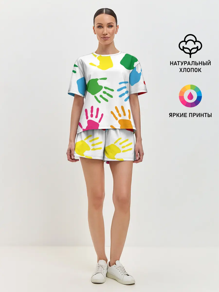 Женская пижама с шортами / Цветные ладошки - Детский узор