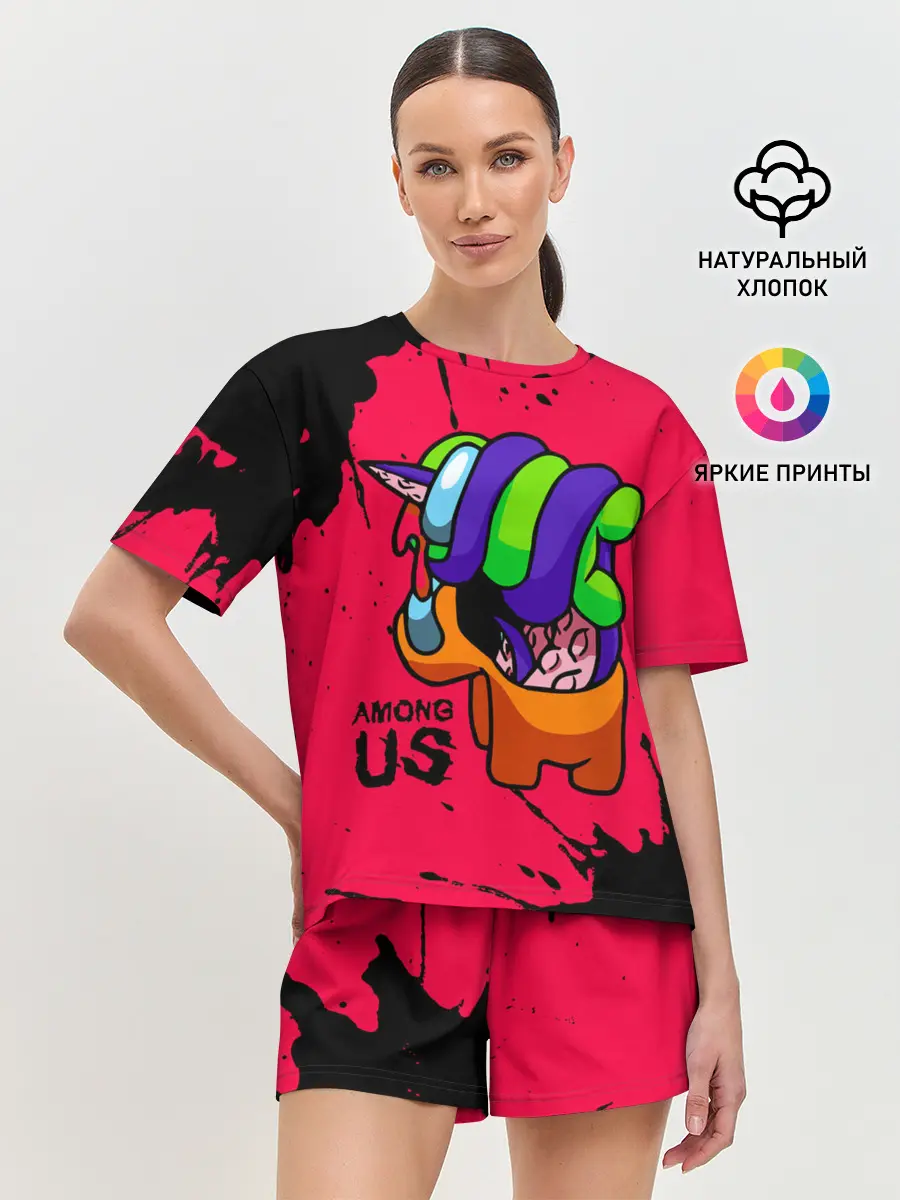 Женская пижама с шортами / AMONG US - ORANGE & GREEN