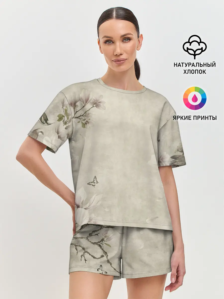 Женская пижама с шортами / Цветущая сакура.