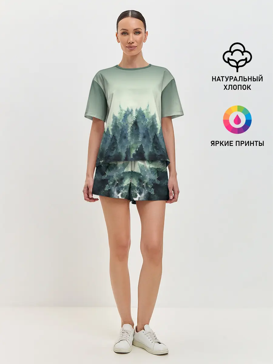 Женская пижама с шортами / акварельный лес градиент