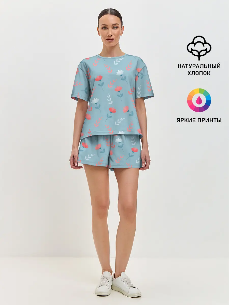 Женская пижама с шортами / Цветочки и листики на голубом