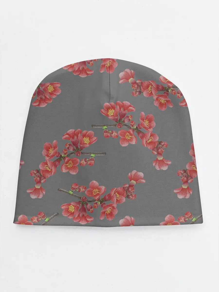 Детская шапка / Цветы айвы на сером фоне