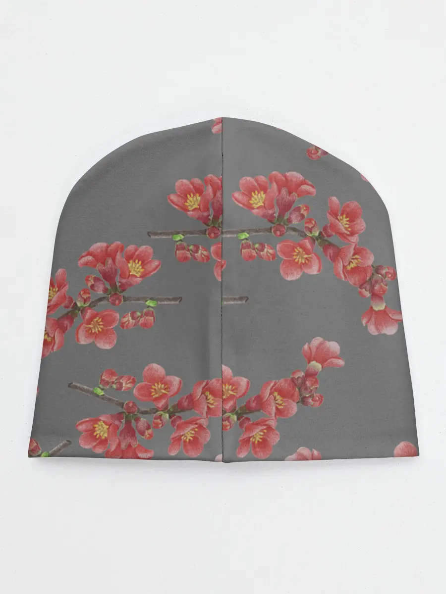 Детская шапка / Цветы айвы на сером фоне