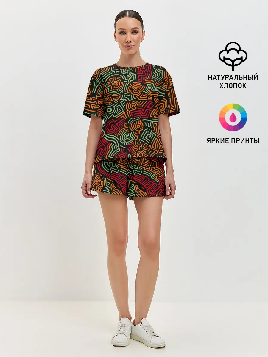 Женская пижама с шортами / абстрактный узор линии