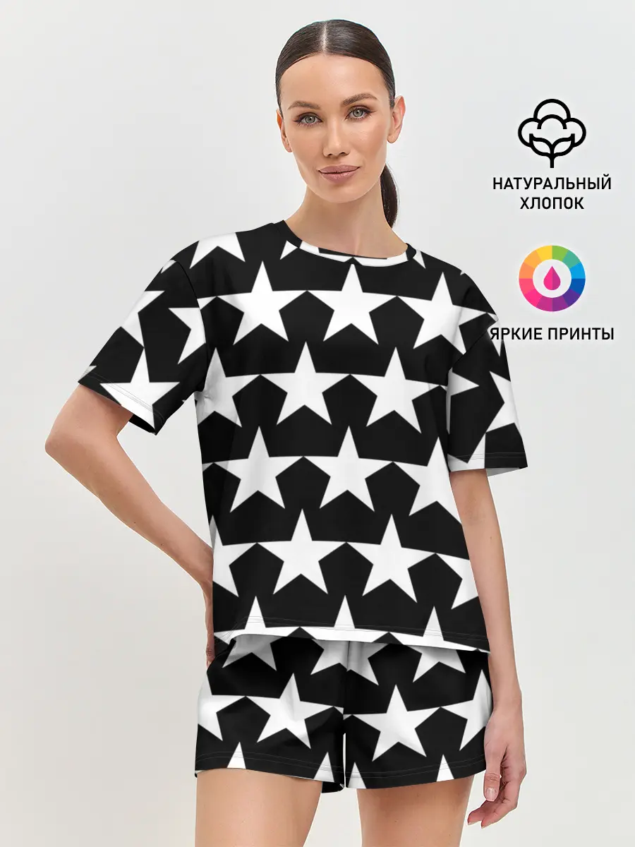 Женская пижама с шортами / Белые звёзды на чёрном фоне 2