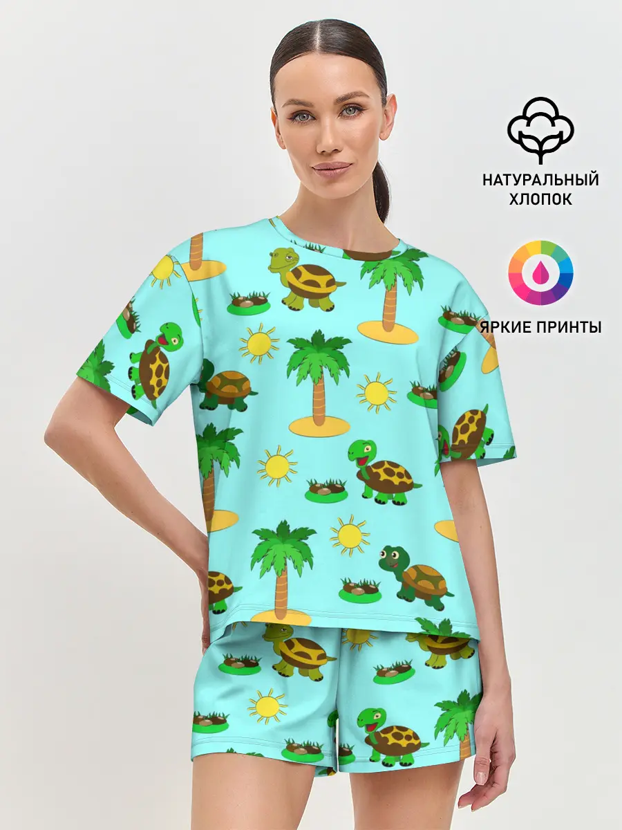 Женская пижама с шортами / черепашки и пальмы
