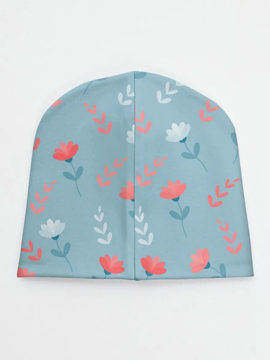Детская шапка / Цветочки и листики на голубом