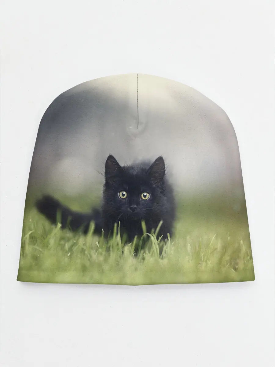 Детская шапка / черный кот на лугу