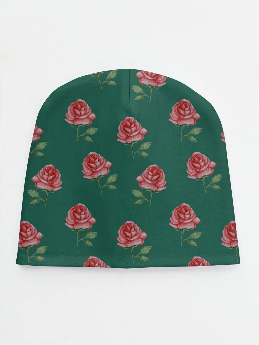 Детская шапка / Розы на зеленом фоне