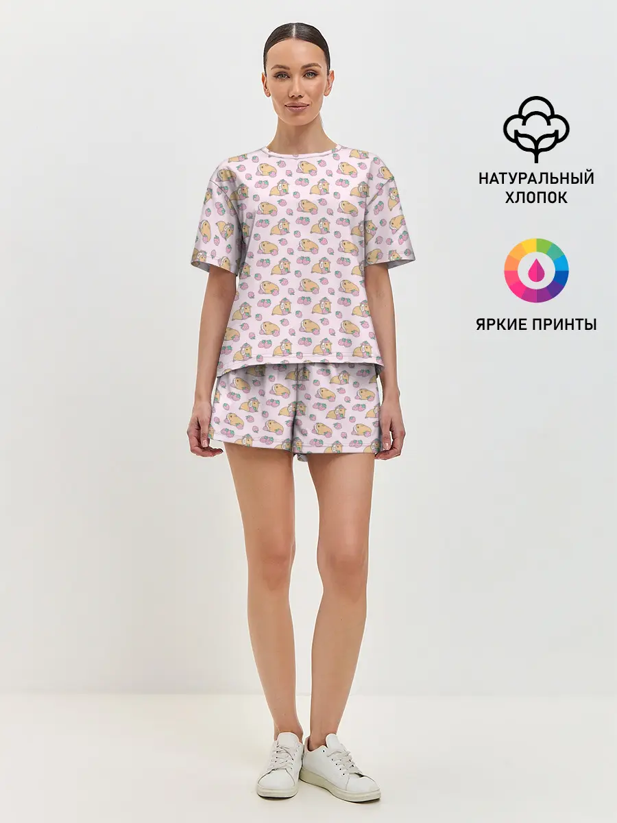 Женская пижама с шортами / Морские свинки с клубникой
