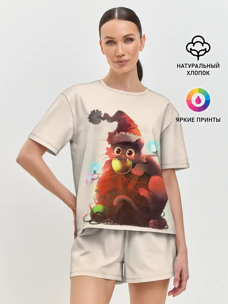Женская пижама с шортами / Новогодний кот