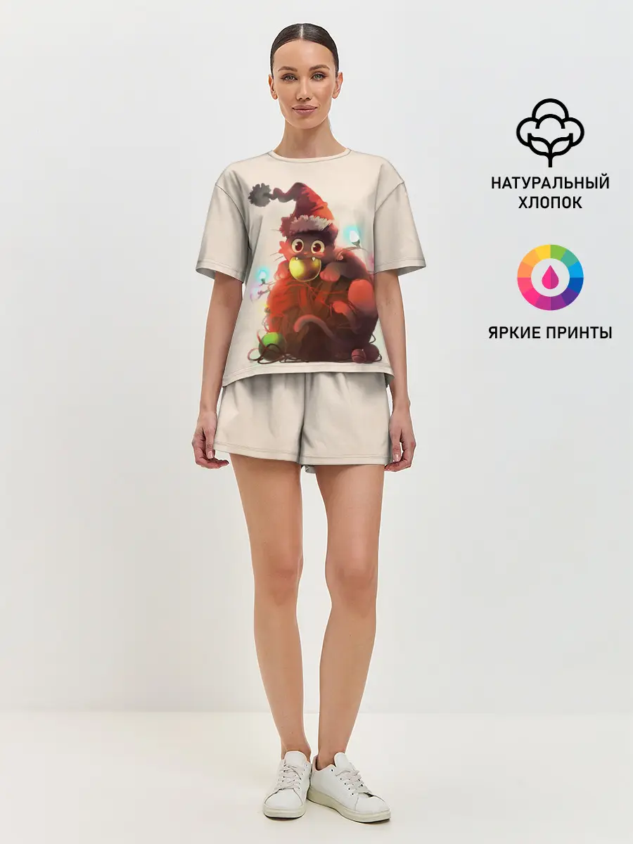 Женская пижама с шортами / Новогодний кот