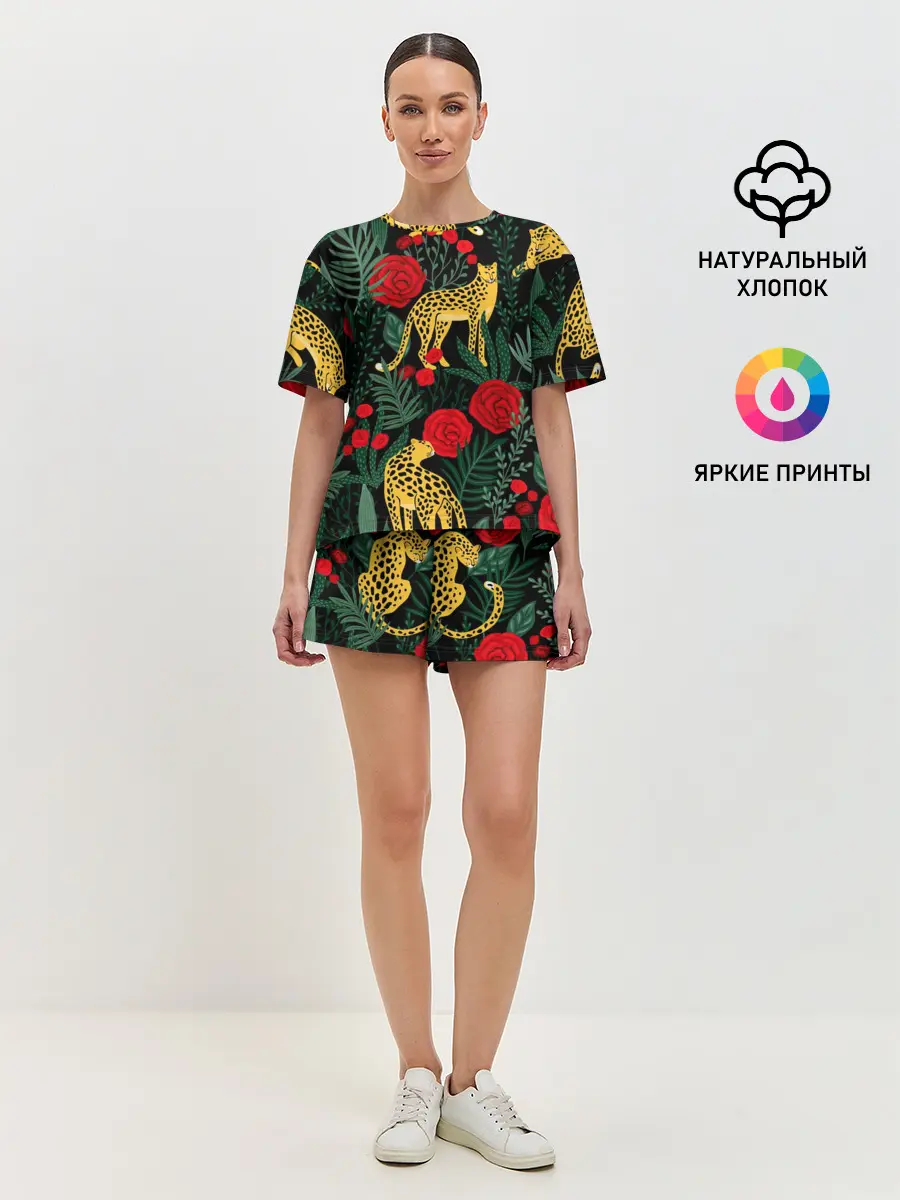 Женская пижама с шортами / Леопарды и цветы
