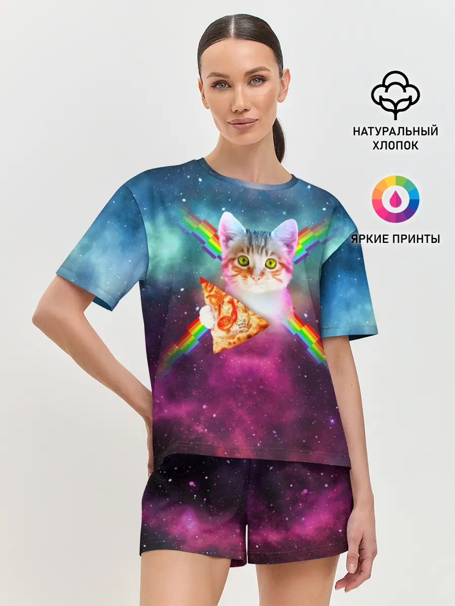 Женская пижама с шортами / Кот с радугой и пиццей