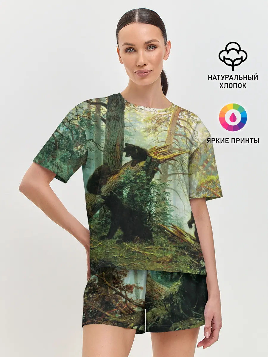 Женская пижама с шортами / Утро в сосновом лесу