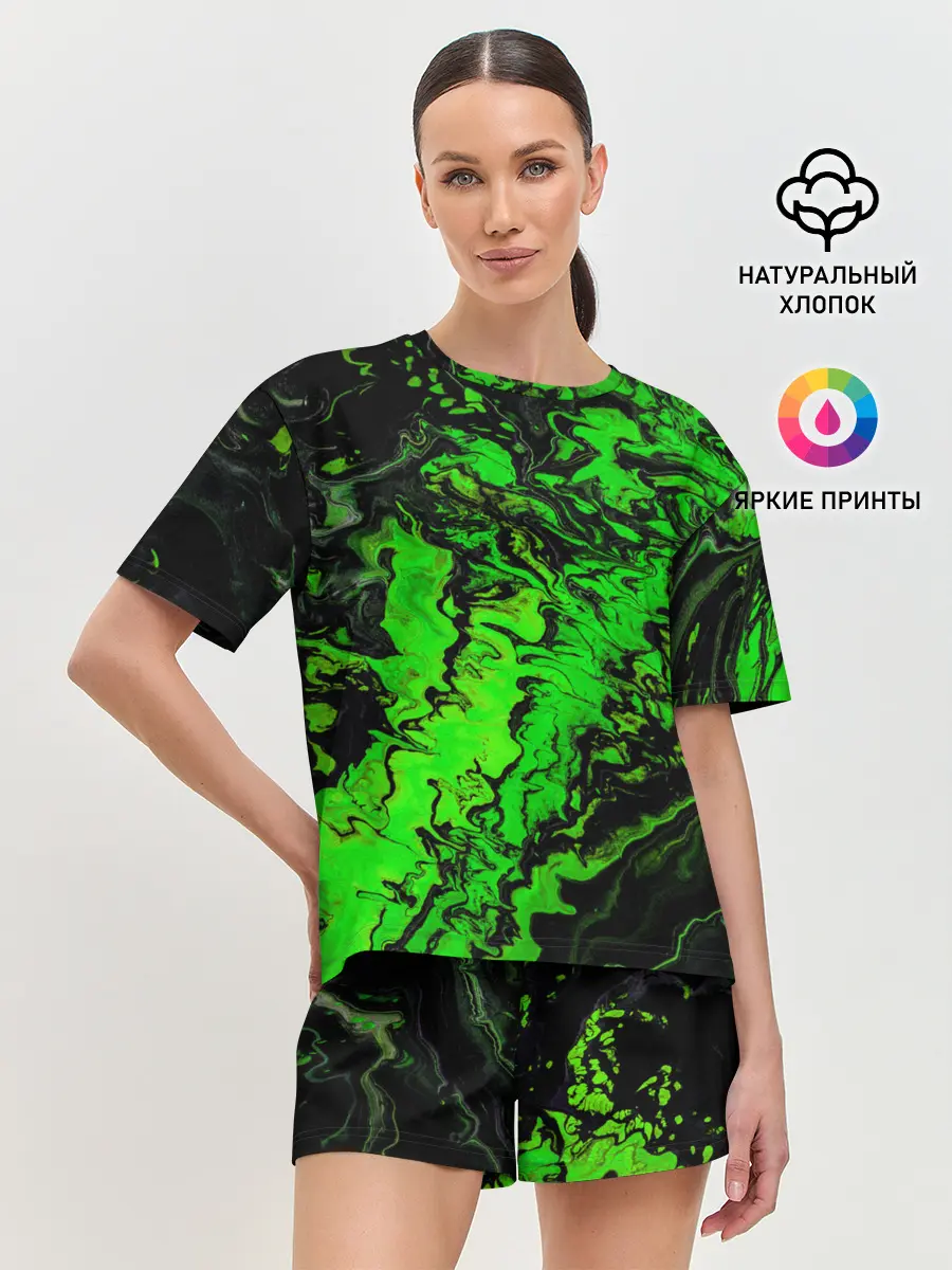 Женская пижама с шортами / Тёмные зеленые краски