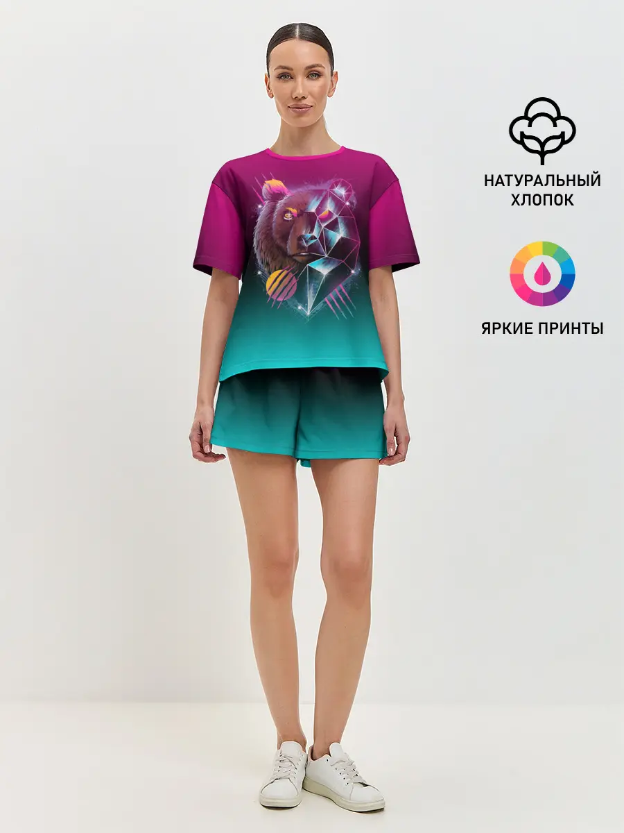 Женская пижама с шортами / RETRO CYBER BEAR NEON