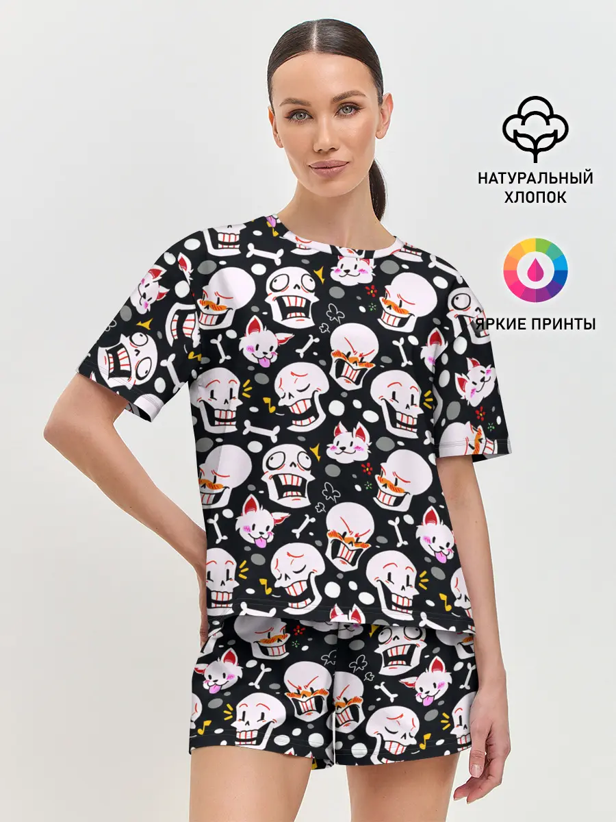 Женская пижама с шортами / Черепа и Котики