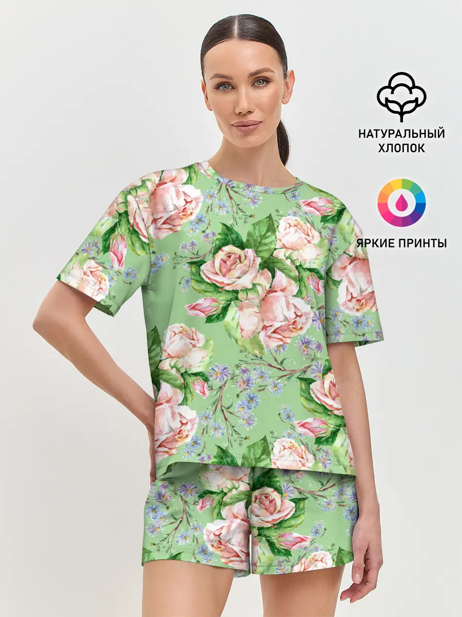 Женская пижама с шортами / Розы и васильки